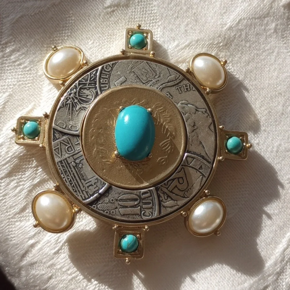 Nwot Chicos Isabella faux Turquoise and faux pearl coin two toned Brooch